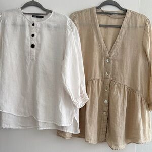 Zara bundle of 2 White and Tan Button-Up Linen Tops